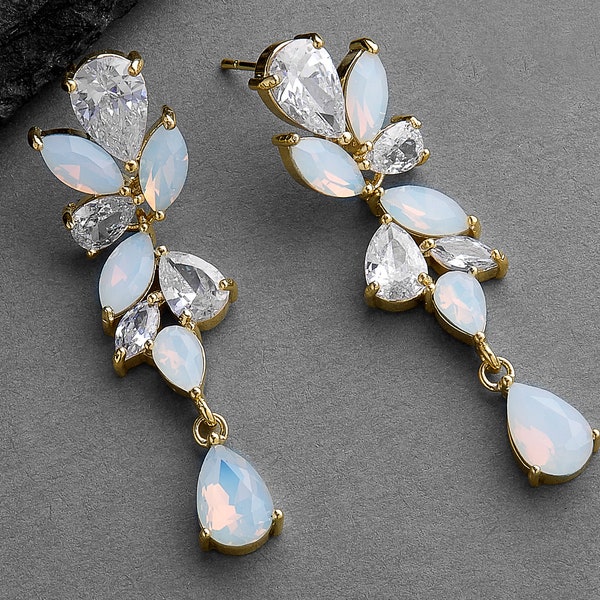 Yellow Gold Opal Earring, Gold Opal Drop Earring, Opal Dangle Earrings for Bride, Opal Bridal Jewelry, 14K Gold White Opal CZ Bridal Earring