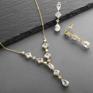 Gold Wedding Necklace & Earrings Set for Brides, Bridal Jewelry Sets, Wedding Sets Bridesmaids, CZ Bridal Party Jewelry, Bridal Necklace Set image 1