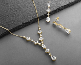 Gold Wedding Necklace & Earrings Set for Brides, Bridal Jewelry Sets, Wedding Sets Bridesmaids, CZ Bridal Party Jewelry, Bridal Necklace Set