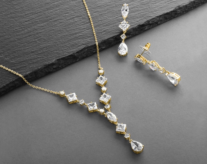 Gold Wedding Necklace & Earrings Set for Brides, Bridal Jewelry Sets, Wedding Sets Bridesmaids, CZ Bridal Party Jewelry, Bridal Necklace Set image 1