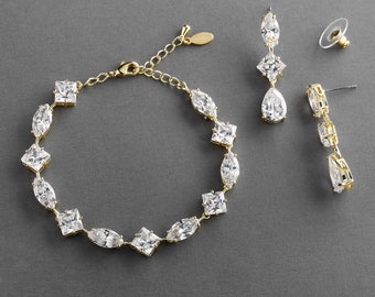 Gold Wedding Earrings & Bracelet Set, Bridal Jewelry Set, Gold Wedding Jewelry Set, Bridal Bracelet Earrings Set, CZ Wedding Bracelet Set