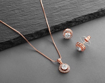 Rose Gold Wedding Jewelry, Cubic Zirconia Bridal Jewelry, Jewelry Set for Bride, CZ Jewelry Set, Rose Gold Pendant Set,Necklace Earrings Set