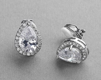 Clip On Earring, Clip On Bridal Earring, Clip On Cubic Zirconia Wedding Earring, Clip On Teardrop Earring, Non Pierced Earrings, CZ Clip Ons