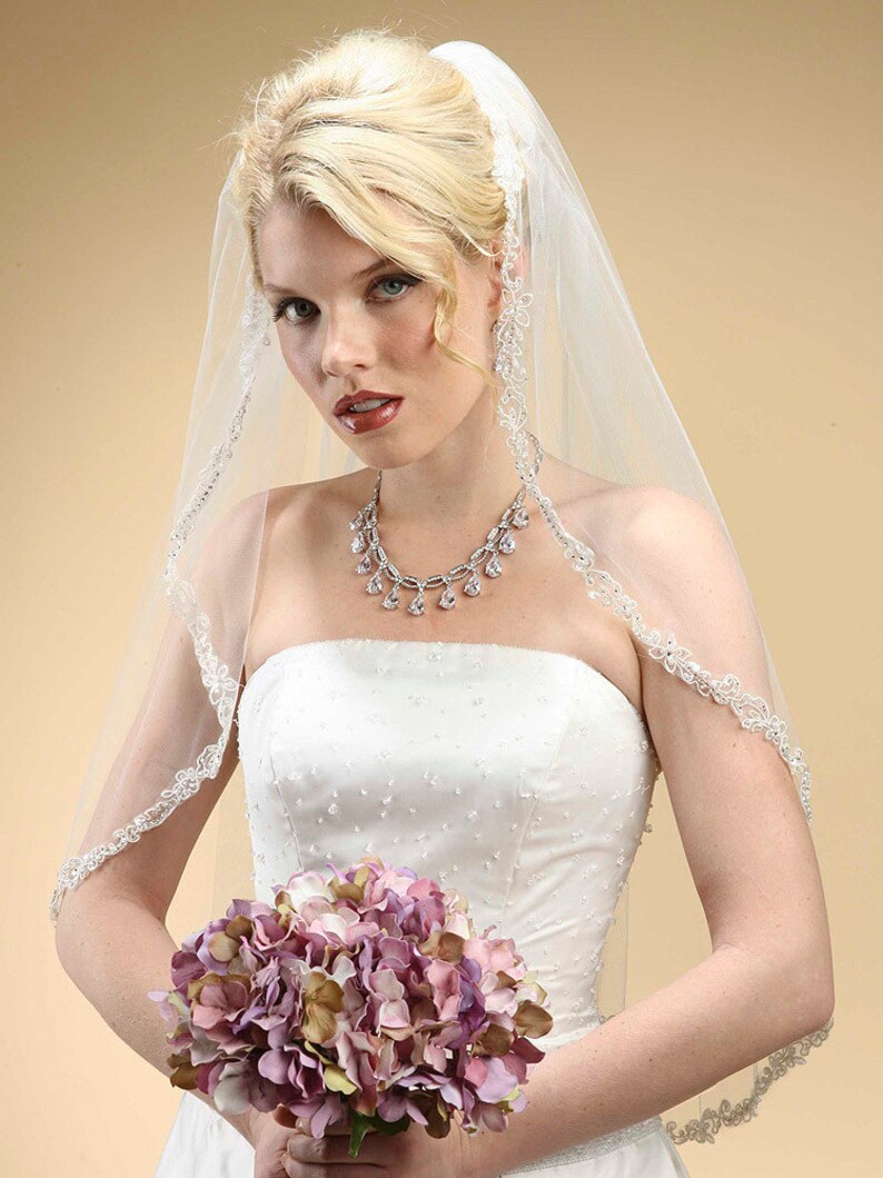 Rhinestone Edge Mantilla Wedding Veil with Floral Applique image 1