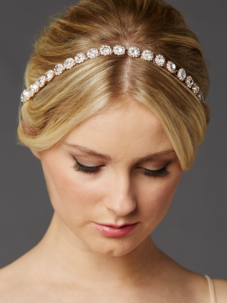 Mariell Rose Gold Wedding Bridal Headband with Round Crystals and Ivory Ribbons