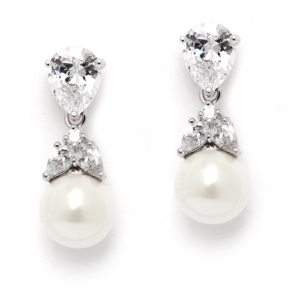 Silver Bridal Earrings CZ Bridal Earrings Ivory Pearl | Etsy