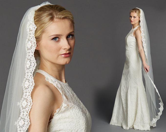 Chapel Length Wedding Veil, Floor Length Mantilla Lace Bridal Veil