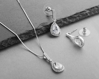 Silver Wedding Jewelry, Cubic Zirconia Bridal Jewelry, Jewelry Set for Bride, CZ Jewelry Set, CZ Pendant Set, Bridal Necklace & Earrings Set