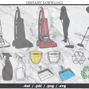 May include: A digital download of 10 cleaning themed SVG files. The files include a red, blue, and black vacuum cleaner, a black and white broom, a yellow bucket, a white bucket, a blue and white dustpan, a green recycle symbol, a black recycle symbol, and two spray bottles. The files are perfect for crafting projects, scrapbooking, and more.