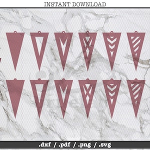 May include: Set of 12 printable triangle banner designs. The banners feature various geometric patterns, including chevron, stripes, and solid shapes. The banners are in a dusty rose color.