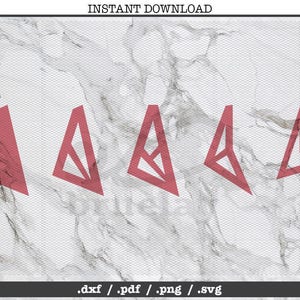 May include: Five different geometric shapes in the form of triangles, all in a pink color, on a white marble background. The text .dxf / .pdf / .png / .svg is at the bottom of the image.