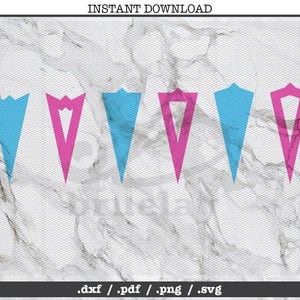 May include: Six different shapes of pointed flags in blue and pink colors. The flags are on a white marble background. The file formats are listed below the flags: .dxf / .pdf / .png / .svg