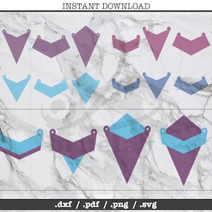 Puede incluir: Un conjunto de 10 archivos SVG imprimibles para cortar papel o cartulina. Los diseños tienen forma de flecha puntiaguda con la parte superior redondeada. Los colores son morado, azul y azul claro.