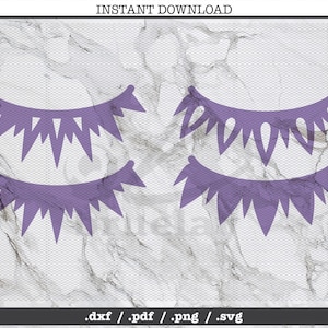 May include: Three purple banner designs with a jagged edge. The banners are in a row, with the top banner slightly larger than the bottom two banners.