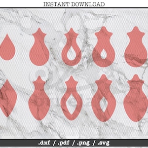 Puede incluir: Conjunto de diez archivos de corte digital para proyectos de manualidades. Los archivos incluyen varias formas de diseños de lágrima en color rosa claro. Los formatos de archivo son .dxf, .pdf, .png y .svg.