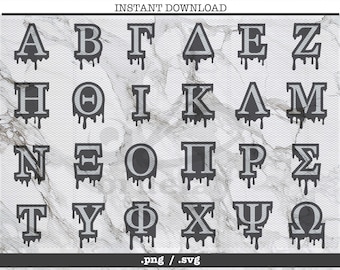 Puede incluir: Un conjunto de 24 letras griegas con efecto de goteo, en blanco y negro, sobre un fondo de mármol. Las letras están en una fuente en negrita, con serif.