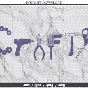 May include: A digital design file for crafting projects, featuring a silhouette of the word "CRAFTY" made up of various tools, including buttons, a glue gun, pliers, a paintbrush, a hammer, and scissors. The design is in a purple color on a white marble background.