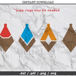 May include: Four diamond-shaped party hat SVG cut files. The hats are red, blue, orange, and brown. The text *jump rings may be needed* is at the top of the image. The text .dxf / .pdf / .png / .svg is at the bottom of the image.
