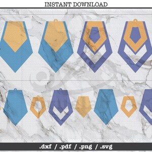 May include: A set of 10 earring designs in various shapes and colors. The earrings are made of layered geometric shapes in blue, yellow, and purple. The designs are shown on a white marble background.