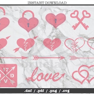 May include: A set of 10 pink heart-shaped SVG cut files for crafting and design projects. The designs include hearts with keys, arrows, and broken hearts. The text "love" and "HVD 17" are also included.