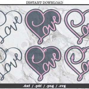 May include: Six different designs of the word "love" in a heart shape. The designs are in pink and grey. The designs are in a variety of styles, including a simple script, a more elaborate script, and a script with an arrow.