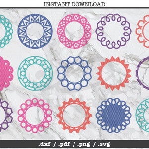 Könnte beinhalten: Set mit 18 digitalen Schnittdateien mit verschiedenen Kreisrahmen-Designs in verschiedenen Farben, darunter Türkis, Rosa, Lila und Blau. Die Rahmen sind perfekt für Bastelprojekte wie Scrapbooking, Kartenherstellung und Dekoration.