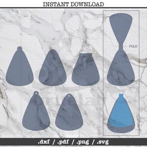 Op de afbeelding: Een digitale download van zes oorbel sjablonen in .dxf, .pdf, .png en .svg formaten. De sjablonen zijn voor traanvormige oorbel met een aangegeven vouwlijn. De sjablonen zijn in tinten blauw.