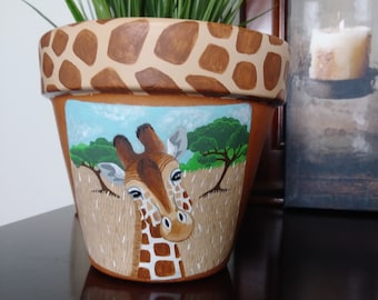 6 inch Giraffe savanna plant pot, hand painted giraffe flower pot