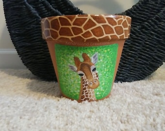 Hand painted 6 inch giraffe terra cotta plant vase