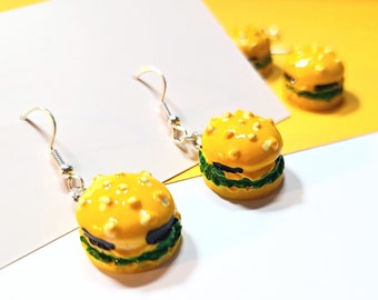 cheeseburger earrings, food earrings, food jewelry, burger, food charms, food resin, resin jewelry, resin earrings, cheese, miniature food