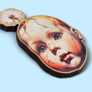 Broken Baby Doll Wooden Brooch: Gothic Surreal Art Jewelry