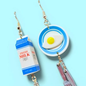 Breakfast Buddies Asymmetrical Earrings | Milk Carton & Eggs Dangle Earrings | Kawaii Food Jewelry | Quirky Food Jewelry | Kitsch Earrings