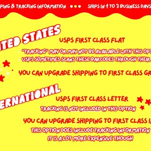 May include: A yellow informational graphic with red text detailing shipping policies. It lists United States USPS First Class Flat and International USPS First Class Letter options, including notes on tracking availability and potential shipping upgrades.