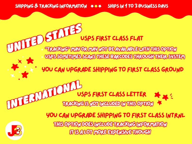 May include: A yellow informational graphic with red text detailing shipping policies. It lists United States USPS First Class Flat and International USPS First Class Letter options, including notes on tracking availability and potential shipping upgrades.