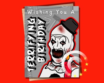 clown birthday card, horror birthday card, funny birthday card, movie art, horror movie fan art, slasher, art, spooky card