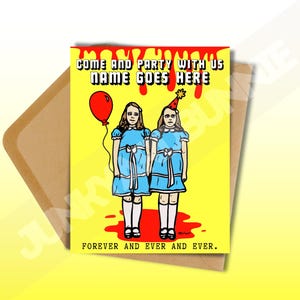 Tarjeta de cumpleaños de los gemelos Grady / Tarjeta de felicitación de película de terror / Ven a jugar con nosotros / Regalo para fanáticos de películas de terror / Tarjeta de cumpleaños personalizada / Tarjetas divertidas