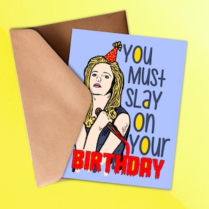 Tarjeta de terror de los 90 con la frase "Debes matar" en tu cumpleaños
