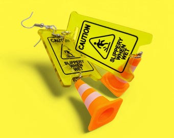 Caution Sign & Traffic Cone Earrings: Quirky Acrylic Jewelry