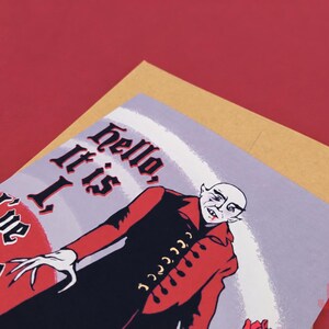 Close-up view of Junkyard Bunnie's original gothic Nosferatu greeting card, printed on premium matte cardstock with a matching kraft envelope.
