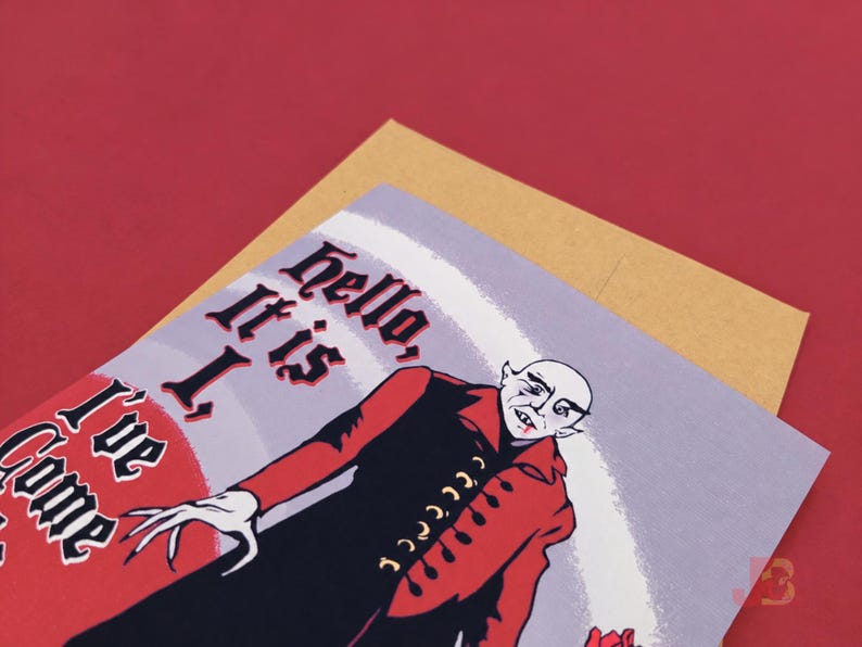 Close-up view of Junkyard Bunnie's original gothic Nosferatu greeting card, printed on premium matte cardstock with a matching kraft envelope.