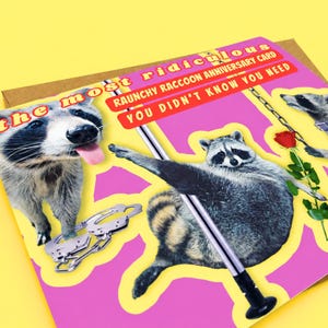 May include: A rectangular anniversary card featuring three raccoons on a bright pink background. Text reads: the most ridiculous RAUNCHY RACCOON ANNIVERSARY CARD YOU DIDN'T KNOW YOU NEED. One raccoon holds a red rose, one is on a pole, and one has handcuffs.