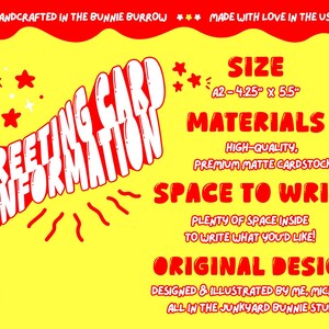 May include: A bright yellow informational graphic with red text detailing greeting card specifications. It lists the size as 4.25 inches by 5.5 inches, notes the use of matte cardstock, and mentions the design is by Michelle at Junkyard Bunnie Studio.
