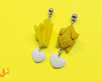 Fried Chicken & Fries Earrings with Heart Charms | Quirky Food Jewelry | Novelty Gift for Foodie