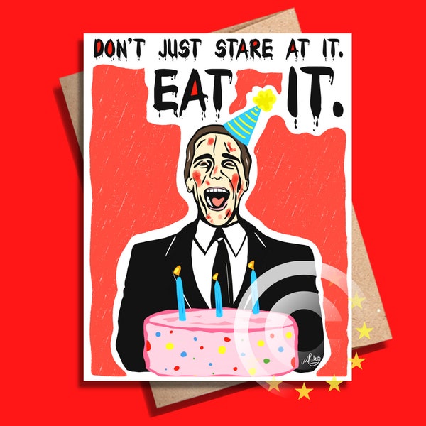 funny Patrick Bateman birthday card, horror movie birthday, movie art prints, movie nerd, handmade birthday cards, psycho, horror movie gift