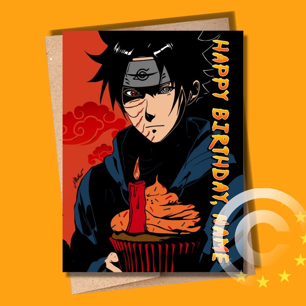 anime birthday card, anime greeting card, obito, anime characters, anime gifts, geek gifts, cupcake, anime art, personalized card, cute card