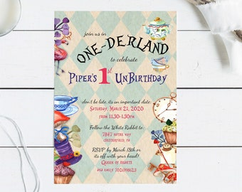 Alice in Onederland Birthday Invite, First Birthday Invitation, Digital Download/ Printable First Birthday Invite, Custom Downloadable