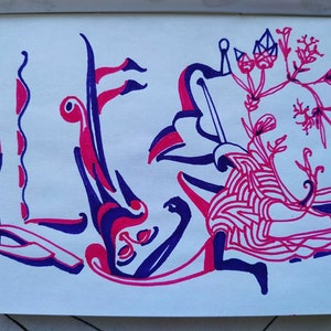 Drawing with pink and purple markers on paper, collectible work of art, original, unique, psychedelic, avantgarde, eri made, art gift
