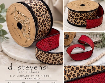 D Stevens Fine Ribbon Faux Fur Leopard Print Red Black Dots Back 2.5x10yd DS88-3580