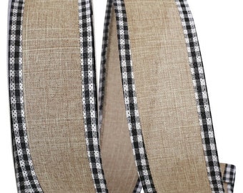 Reliant Ribbon Linen Gingham Check Value Wired Edge Ribbon 2-1/2 Inch, 50 Yards Natural/black 92970W-759-40K