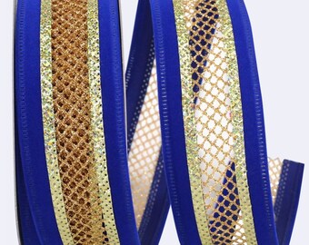 Reliant Ribbon Samtgeflechtband mit mittlerer Drahtkante, 1,5 x 10 Yards, Royal & Gold 90659W-988-09F